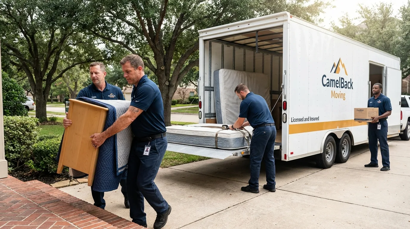 Crew loading residential truck for cross-state move from Lawrenceburg, IN