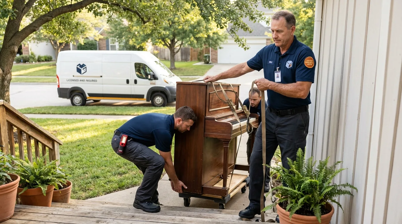 Licensed piano movers securing grand piano in Lawrenceburg, IN