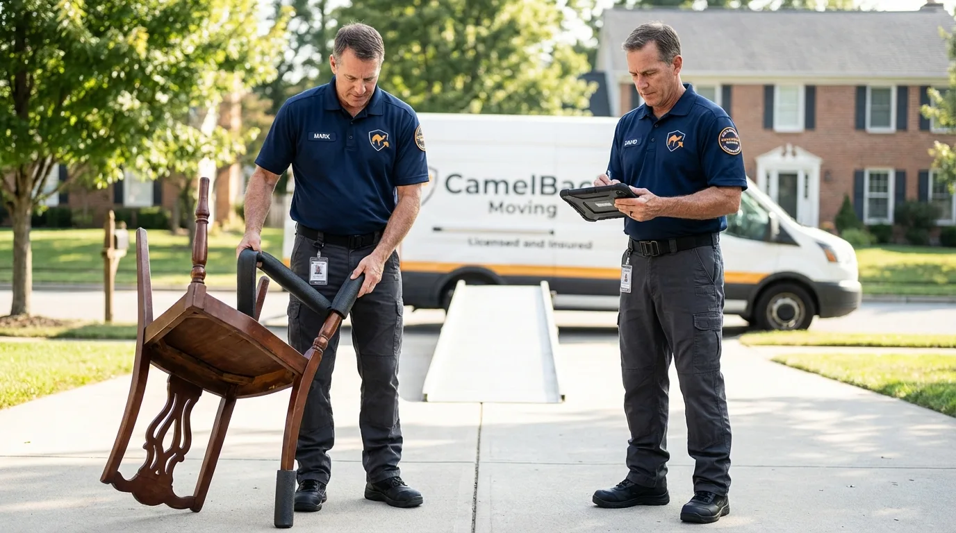 Movers inspecting furniture for damage prevention before loading in Lawrenceburg, IN