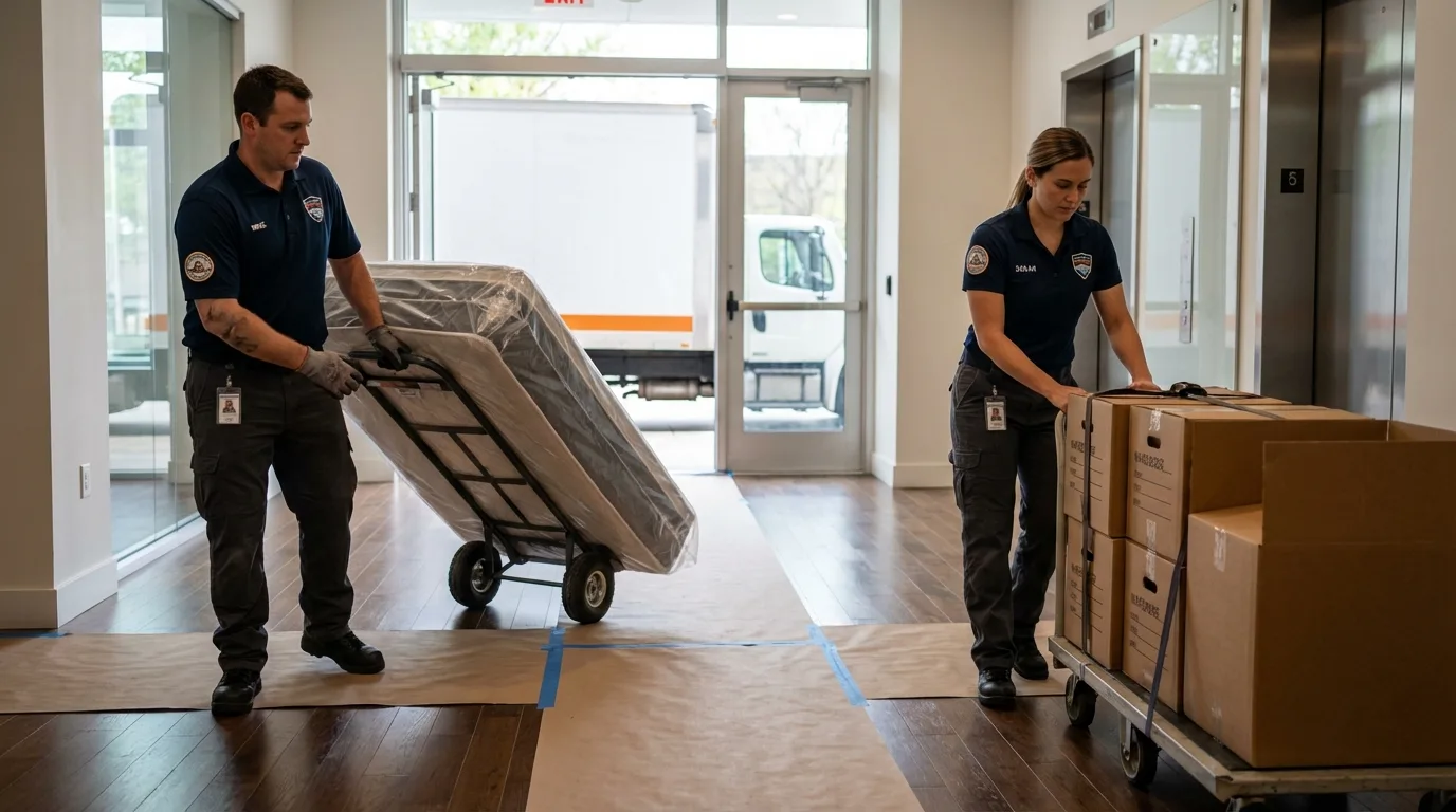 Professional apartment movers loading elevator in Lawrenceburg, IN